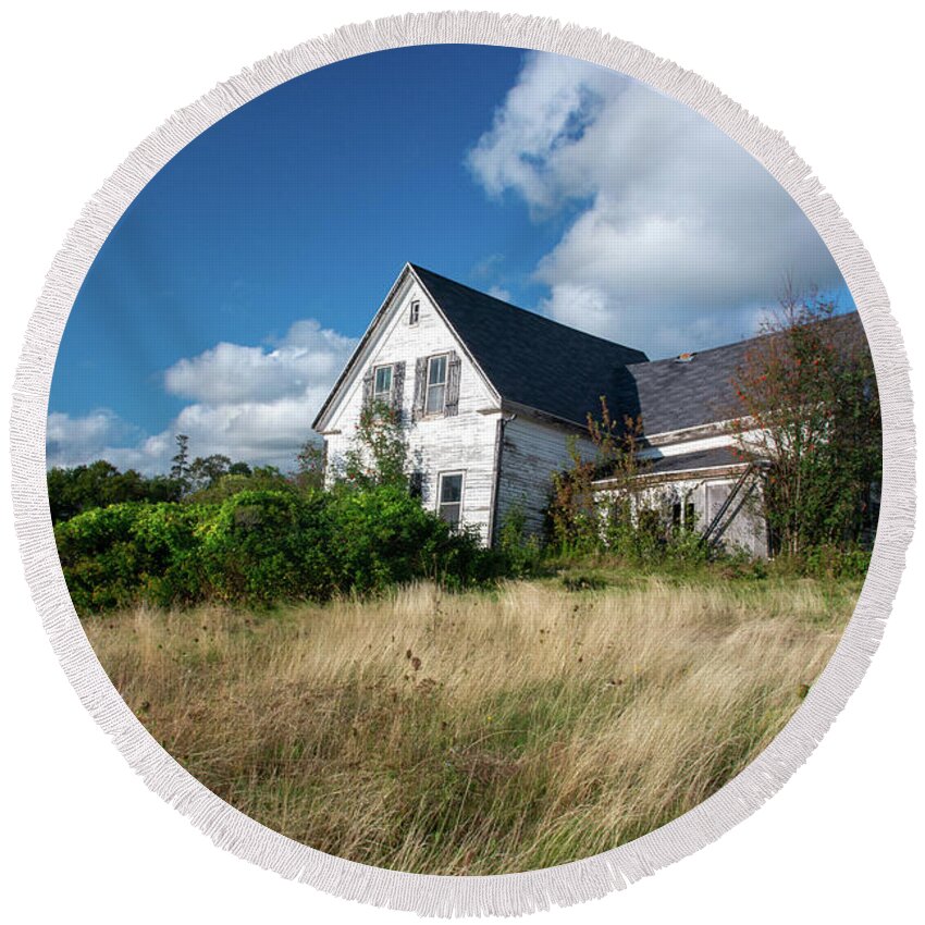 Lot 49 Round Beach Towel featuring the photograph Lot 49 Abandoned House by Douglas Wielfaert