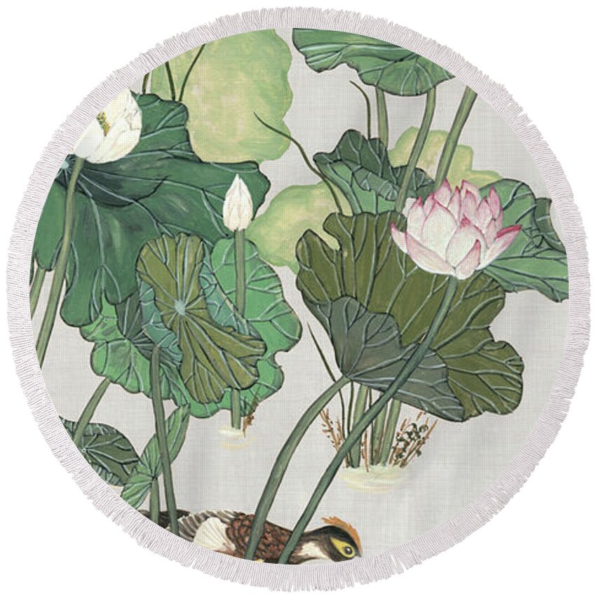 Asian Round Beach Towel featuring the painting Lotus Pond I by Melissa Wang
