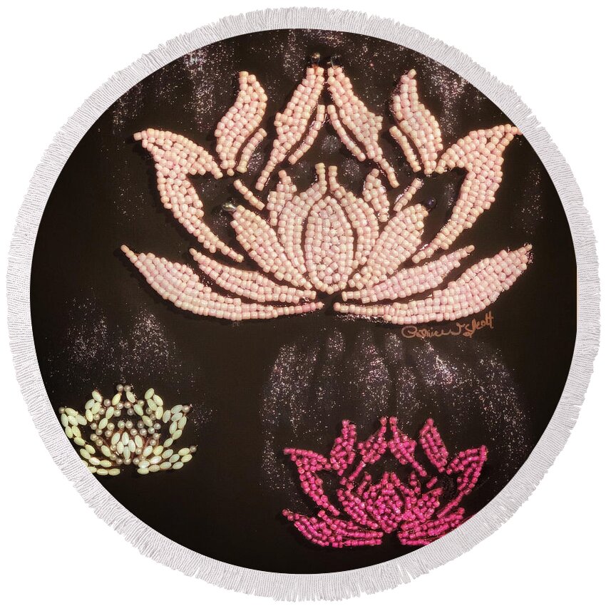 Lotus Round Beach Towel featuring the mixed media Lotus Romance by Patrice Scott