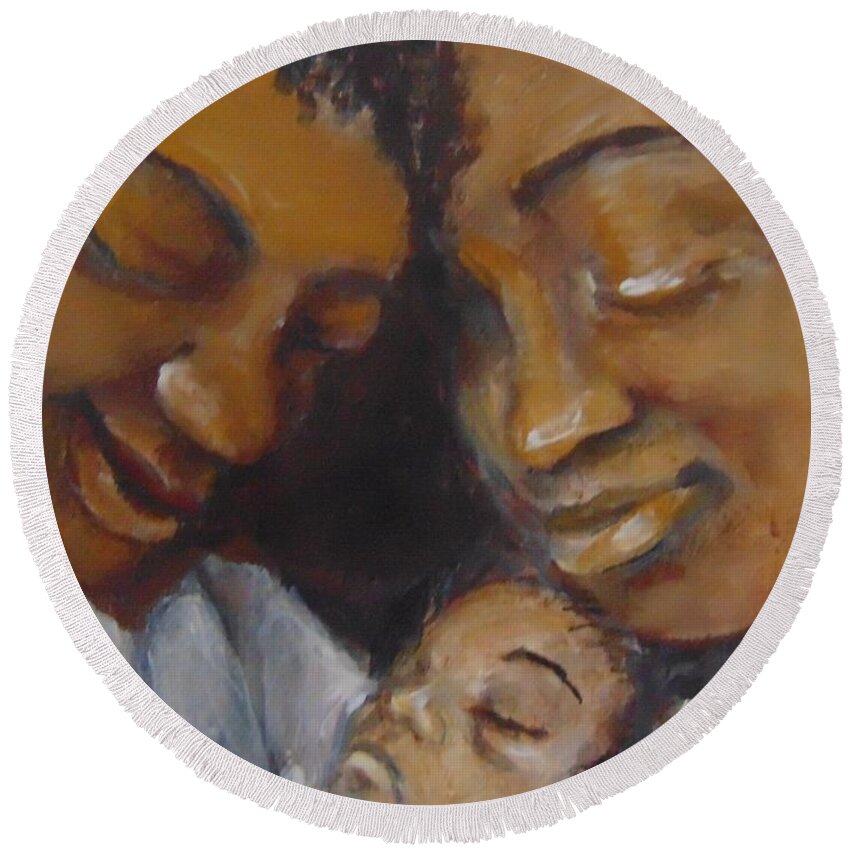 African-american Round Beach Towel featuring the painting Love by Saundra Johnson