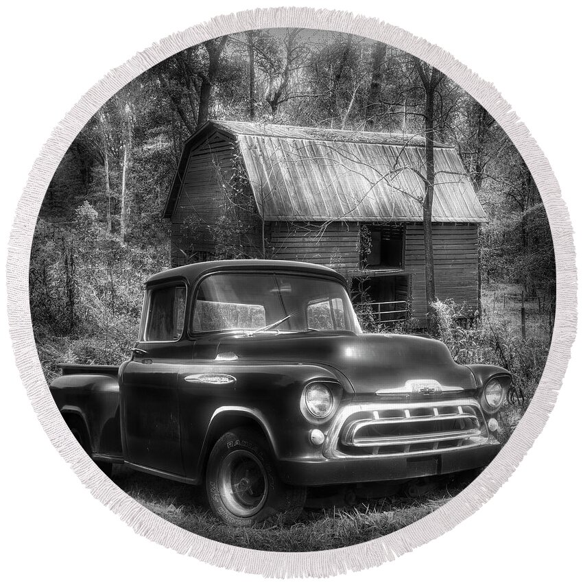 1957 Round Beach Towel featuring the photograph Love that Black and White 1957 Chevy Truck by Debra and Dave Vanderlaan