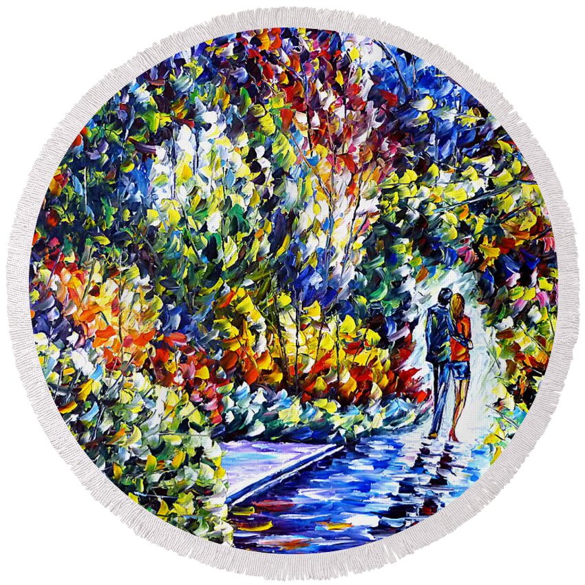 Landscape Painting Round Beach Towel featuring the painting Lovers In The Garden by Mirek Kuzniar