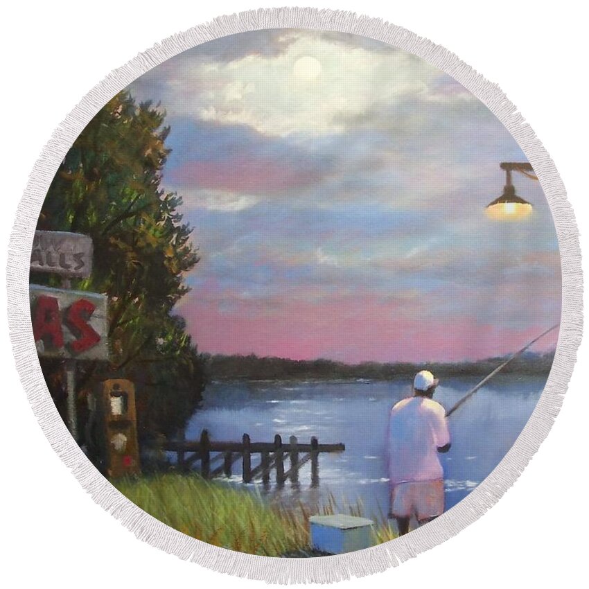 Low Falls Landing Round Beach Towel featuring the painting Low Falls Landing with Fisherman by Blue Sky