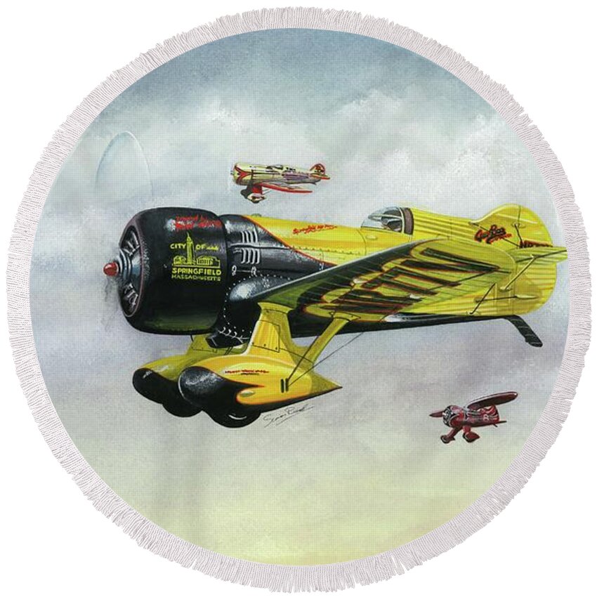 Granville Round Beach Towel featuring the painting Lowell Bayle's Gee Bee by Simon Read