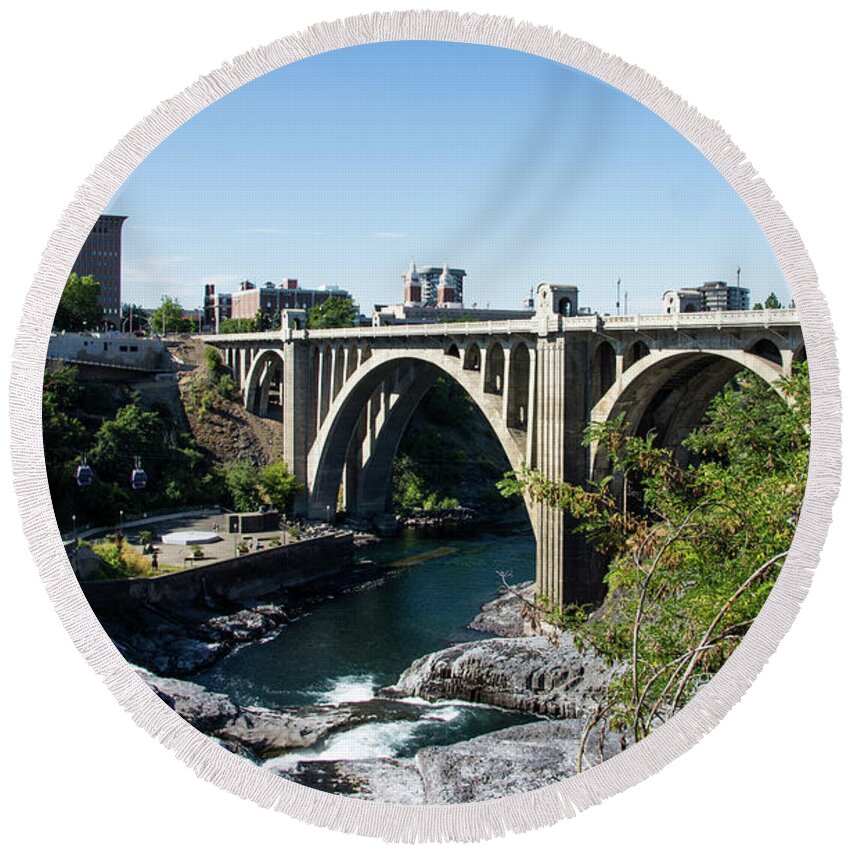 Lower Falls And Monroe Street Bridge Round Beach Towel featuring the photograph Lower Falls and Monroe Street Bridge by Tom Cochran
