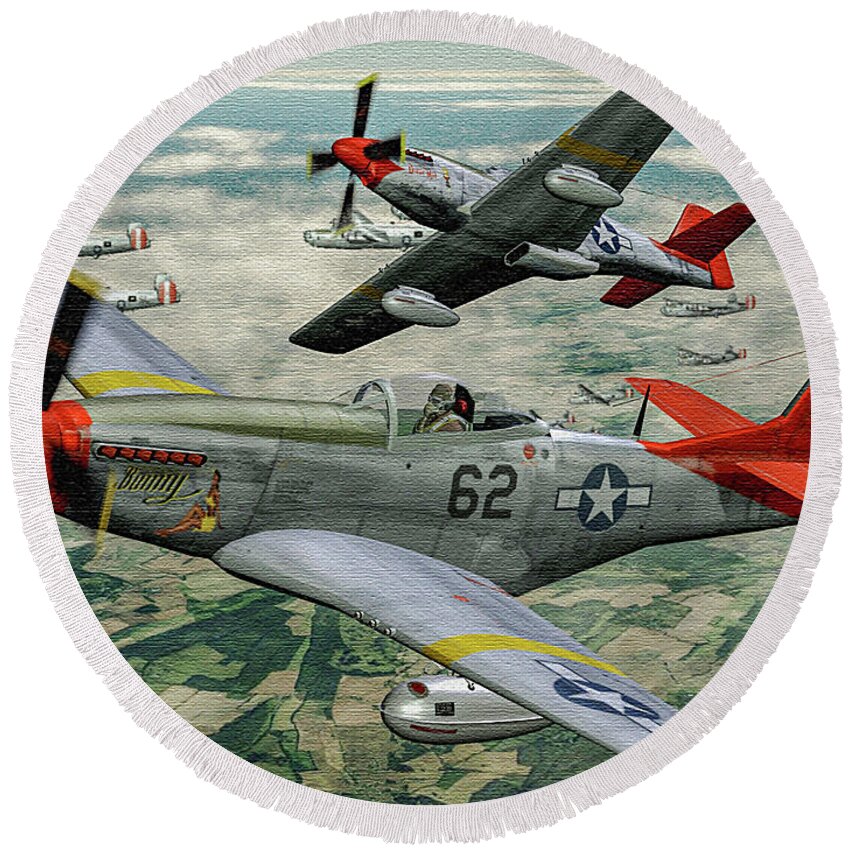 332nd Fighter Group Round Beach Towel featuring the digital art Lt Bob Friend and Bunny - Oil by Tommy Anderson