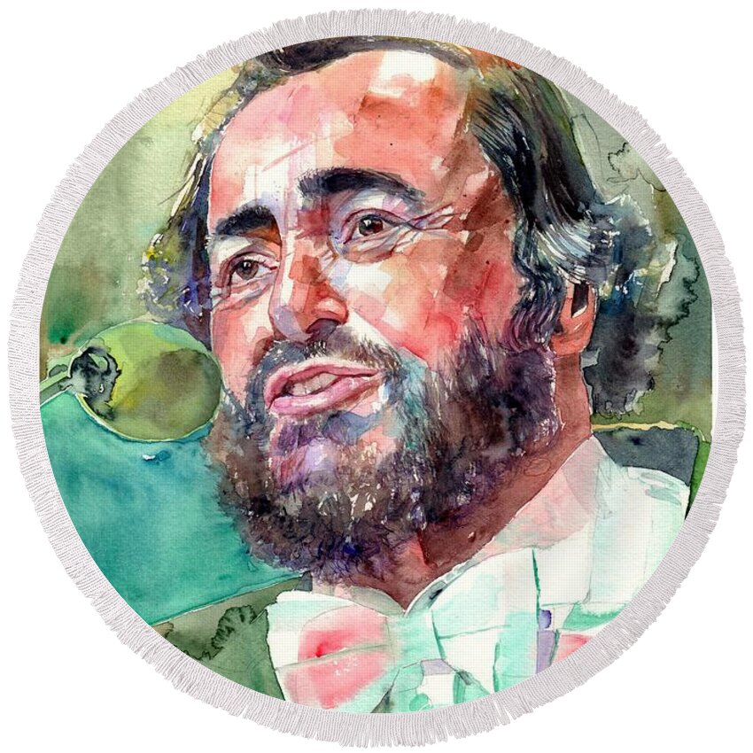 Luciano Pavarotti Round Beach Towel featuring the painting Luciano Pavarotti Portrait by Suzann Sines