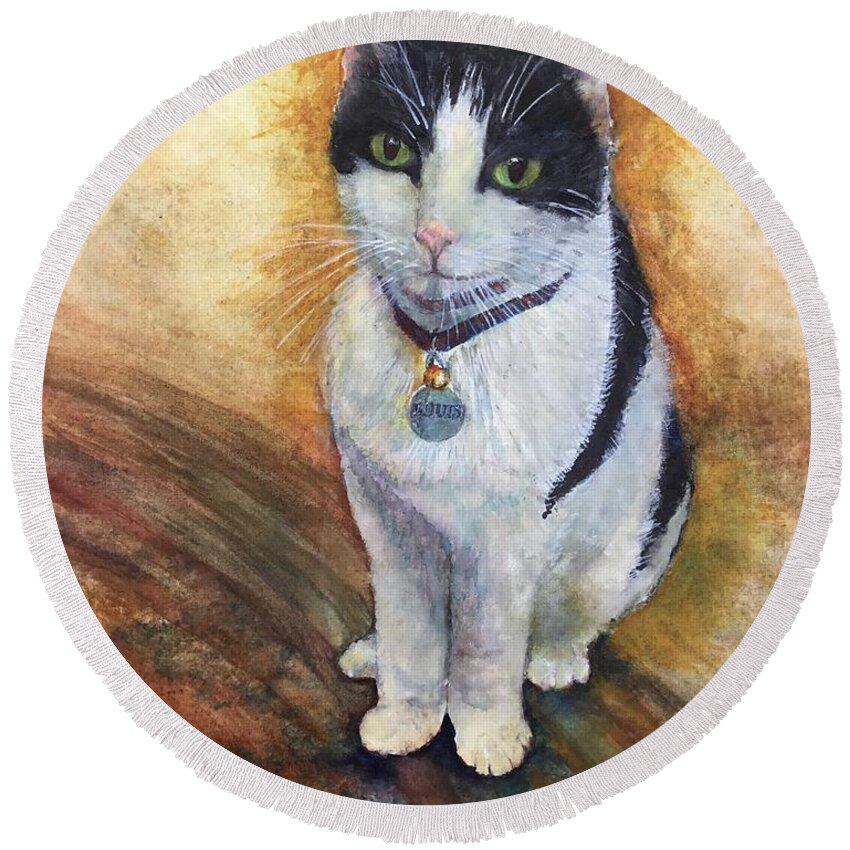 Cat Round Beach Towel featuring the painting Lucifee by Cheryl Wallace