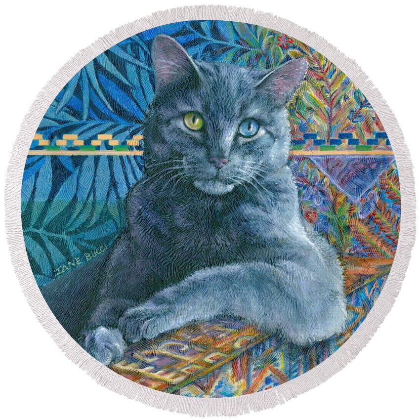 Cat Feline Moon Luna Blue Blues Colorful Portrait Ikat Gato Chat Azure Round Beach Towel featuring the painting Luna Blue Cat by Jane Bucci