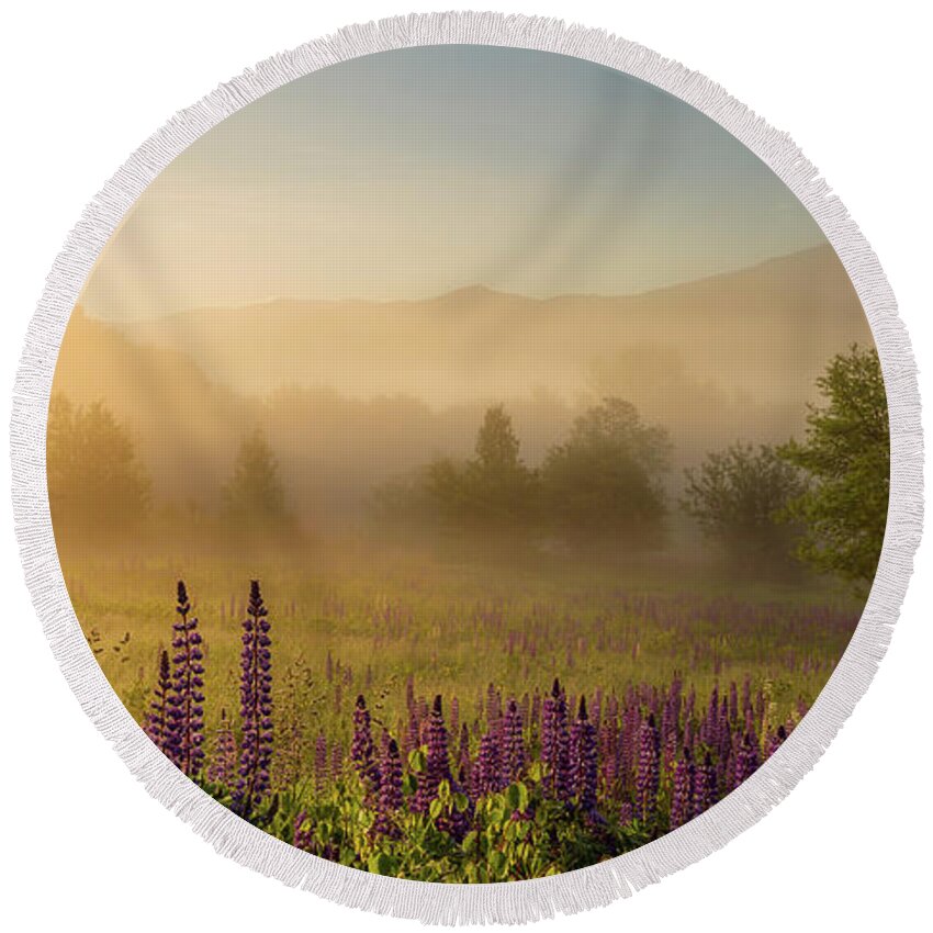 Amazing New England Artworks Round Beach Towel featuring the photograph Lupine In The Fog, Sugar Hill, NH by Jeff Sinon