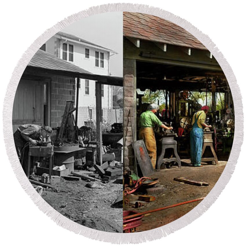 Machinist Round Beach Towel featuring the photograph Machinist - Backyard machinists 1942 - Side by Side by Mike Savad