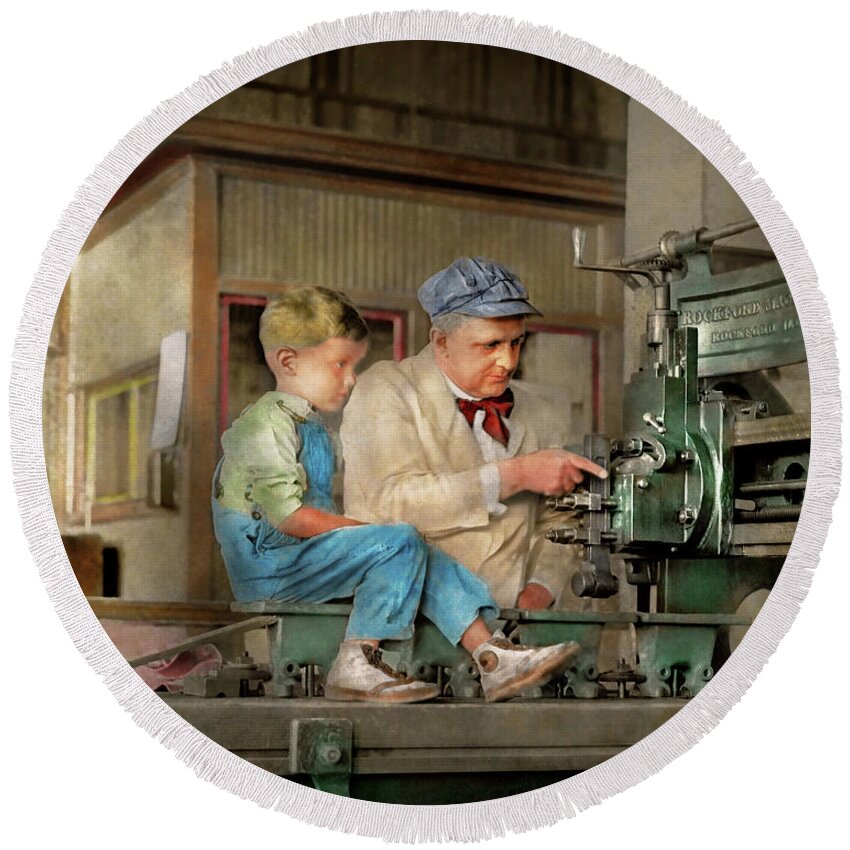 Machinist Round Beach Towel featuring the photograph Machinist - Spending time with grandpa 1921 by Mike Savad