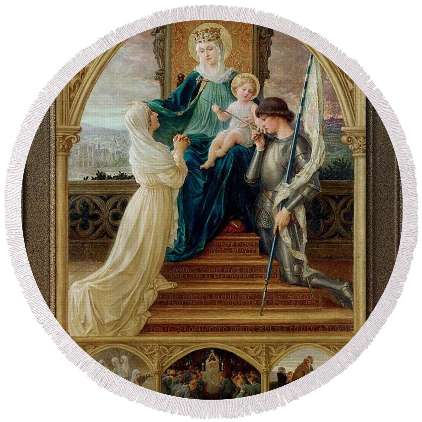 Madonna And Child Round Beach Towel featuring the painting Madonna and Child Seated Between St. Genevieve and Joan Of Arc by Elisabeth Sonrel by Rolando Burbon