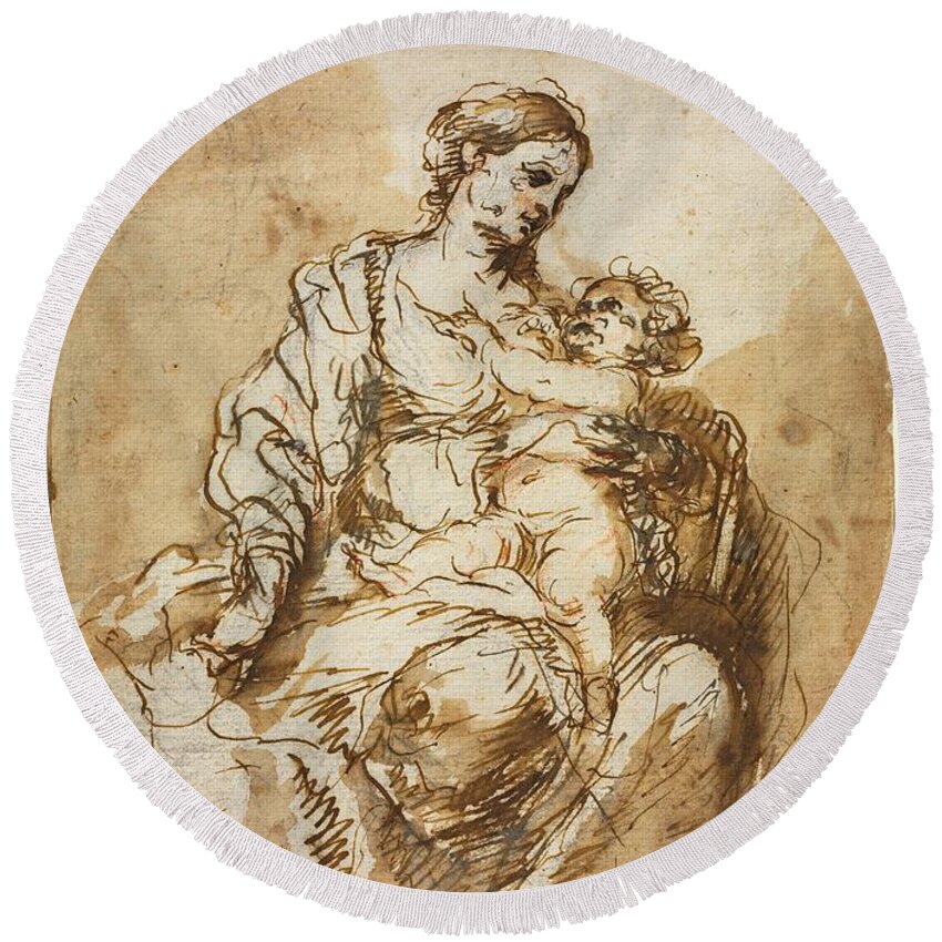 Bartolome Esteban Murillo Round Beach Towel featuring the painting 'Madonna Nursing the Christ Child', c. 1670, Pen and ink, 24,1 x 18,5... by Bartolome Esteban Murillo -1611-1682-