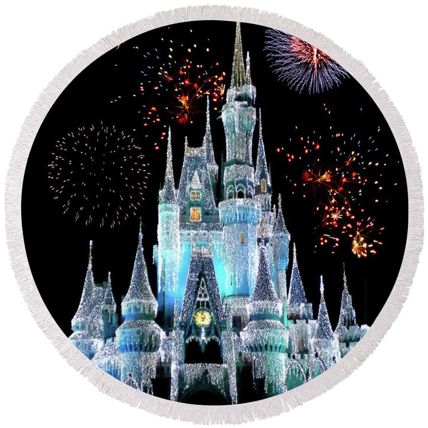 Castle Round Beach Towel featuring the photograph Magic Kingdom Castle In Frosty Light Blue with Fireworks 06 by Thomas Woolworth