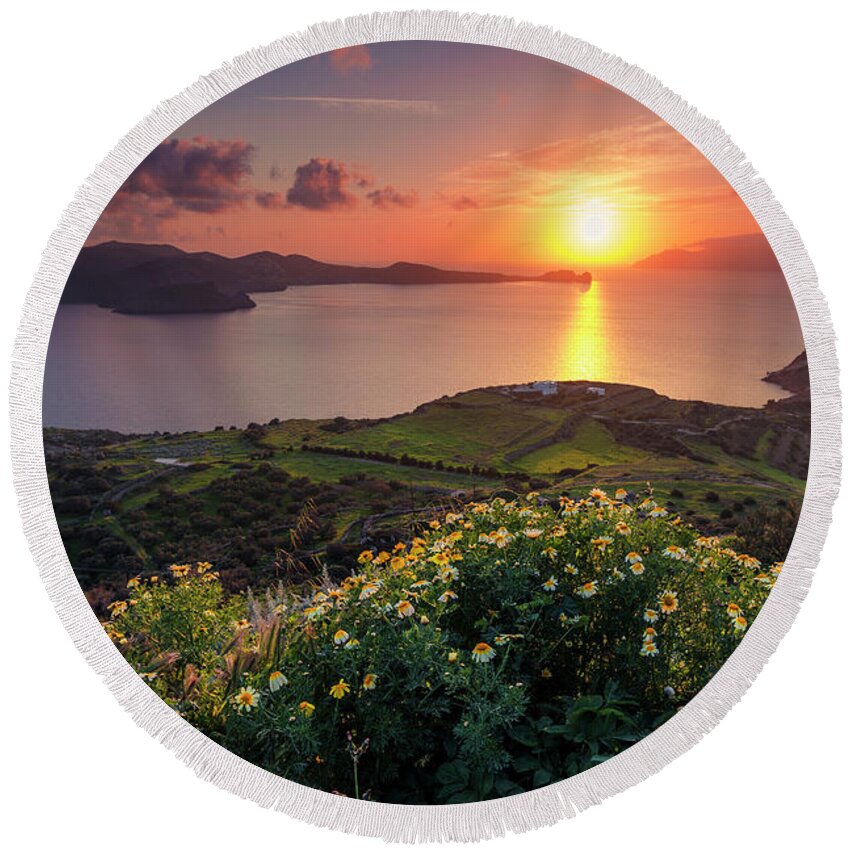 Aegean Sea Round Beach Towel featuring the photograph Magnificent Greek Sunset by Evgeni Dinev