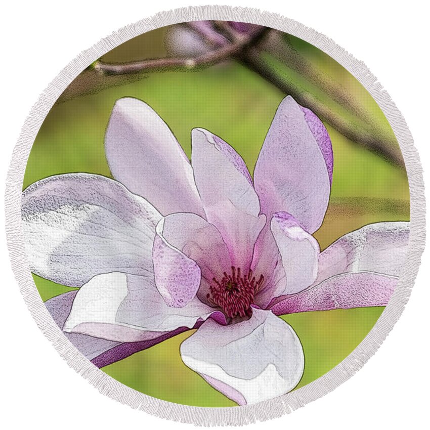 Magnolia Round Beach Towel featuring the mixed media Magnolia Bloom Painterly by Jennifer White
