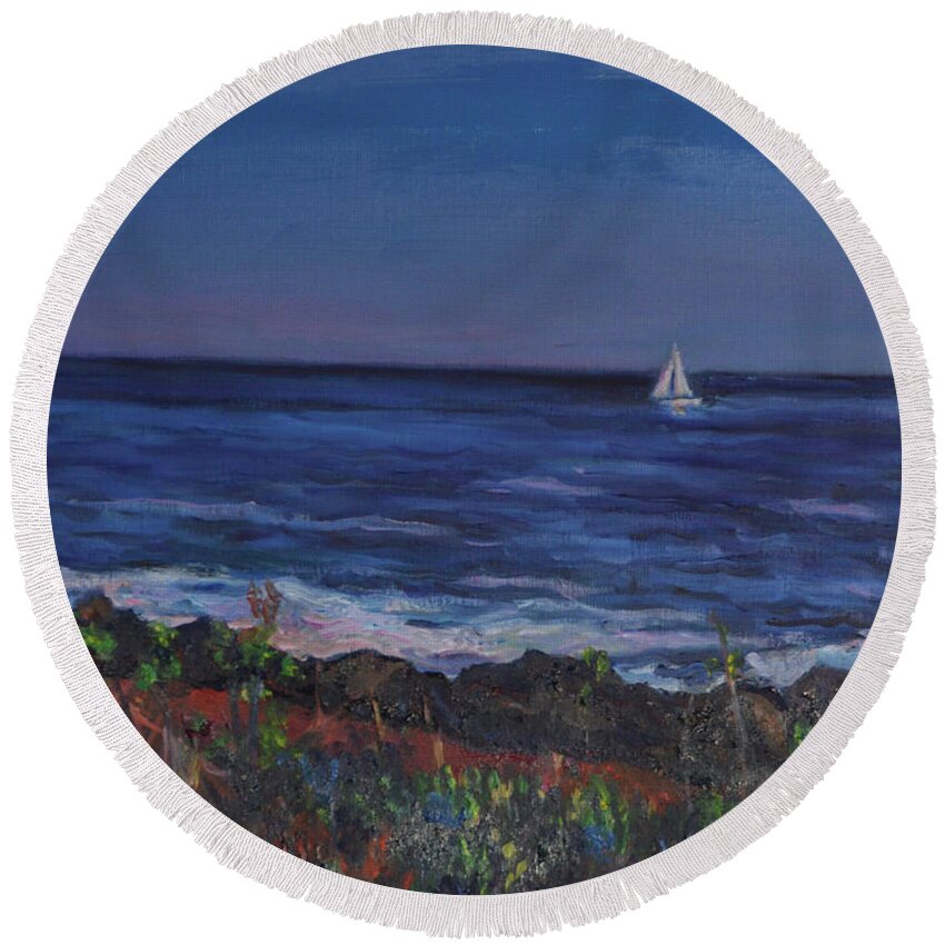 Maine Round Beach Towel featuring the painting Maine by Beth Riso
