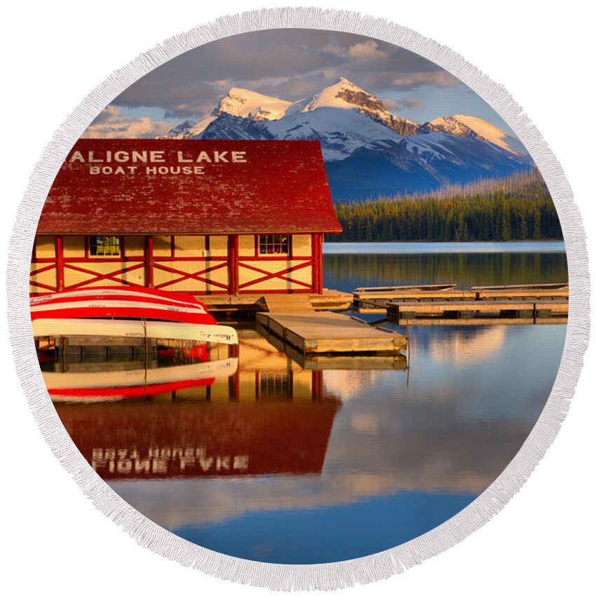 Maligne Round Beach Towel featuring the photograph Maligne Lake Boathouse Summer Reflections by Adam Jewell