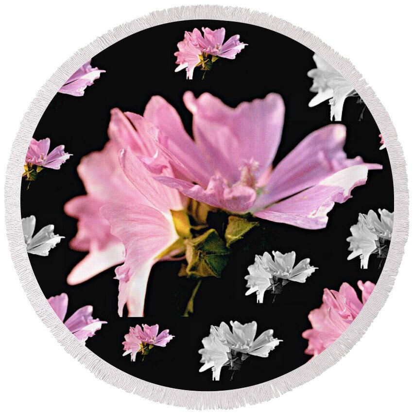 Pink Flowers Round Beach Towel featuring the photograph Mallow Bouquet Digital Collage by Mike McBrayer