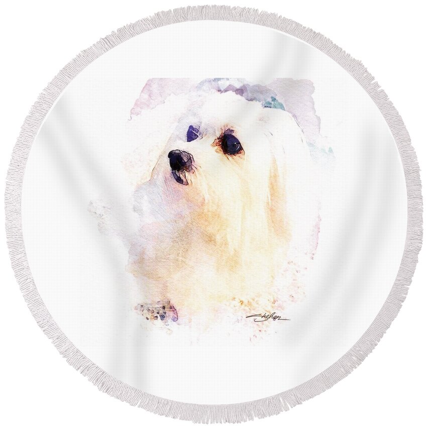 Maltese Round Beach Towel featuring the mixed media Maltese -Miss Cookie by Shehan Wicks