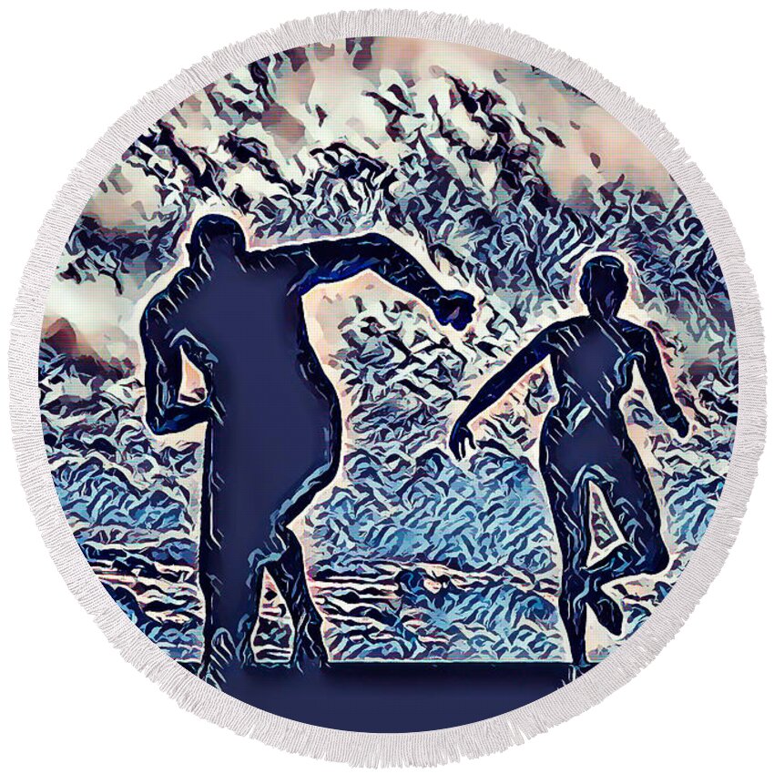 Man Round Beach Towel featuring the painting Man and Woman running by Jeelan Clark