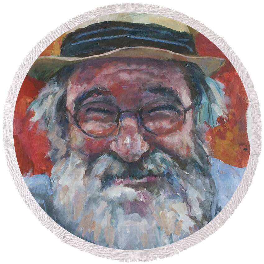 Portrait Round Beach Towel featuring the painting Man with yellow hat by Maxim Komissarchik