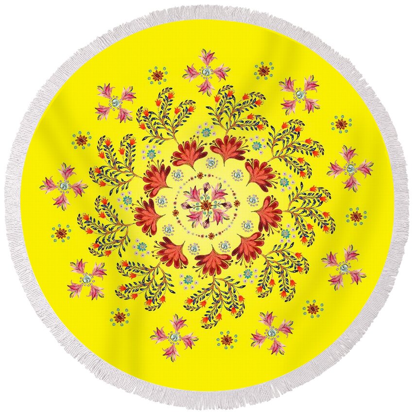 Mandala Round Beach Towel featuring the digital art Mandala flowering series#3. Yellow by Elena Kotliarker