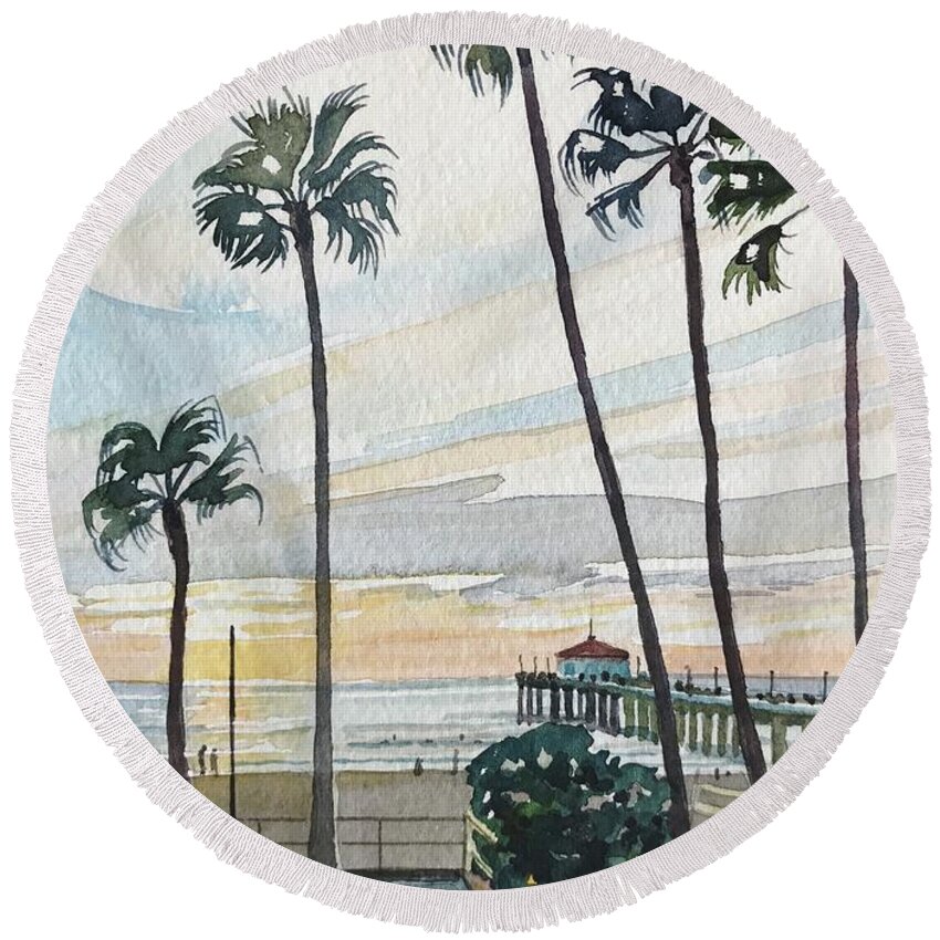 Manhattan Beach Round Beach Towel featuring the painting Manhattan Beach #2 by Luisa Millicent