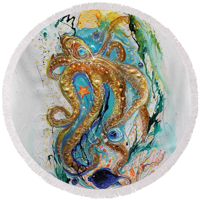 Sea Life Round Beach Towel featuring the painting Mare Nostrum #3. The golden octopus by Elena Kotliarker