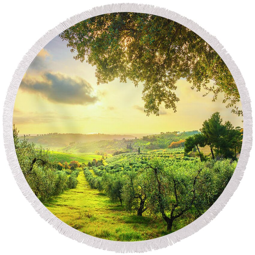 Olive Round Beach Towel featuring the photograph Maremma countryside panorama and olive trees on sunset. Casale M by Stefano Orazzini