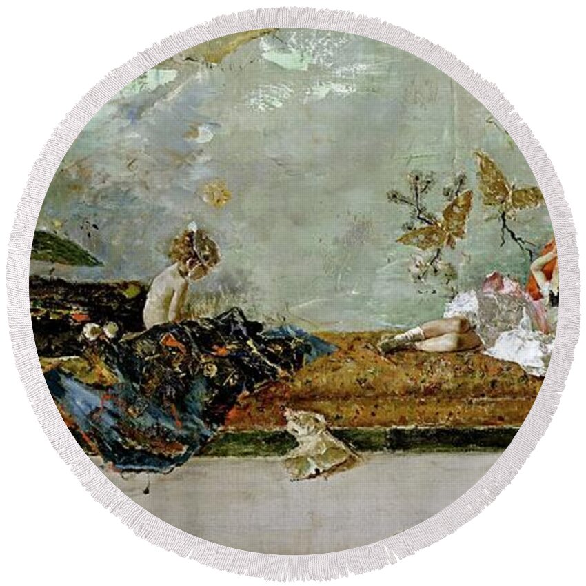 Maria Fortuny Round Beach Towel featuring the painting Mariano Fortuny Marsal 'The painter's children, Maria Luisa and Mariano, in the Japanese Room',1874. by Mariano Fortuny y Marsal -1838-1874-