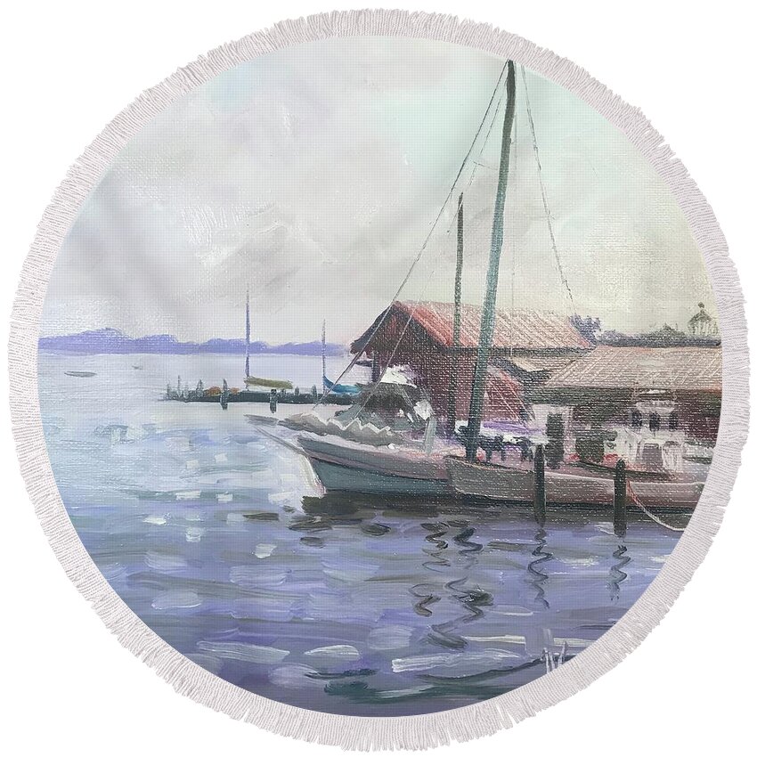 Impressionism Round Beach Towel featuring the painting Maritime Morning by Maggii Sarfaty