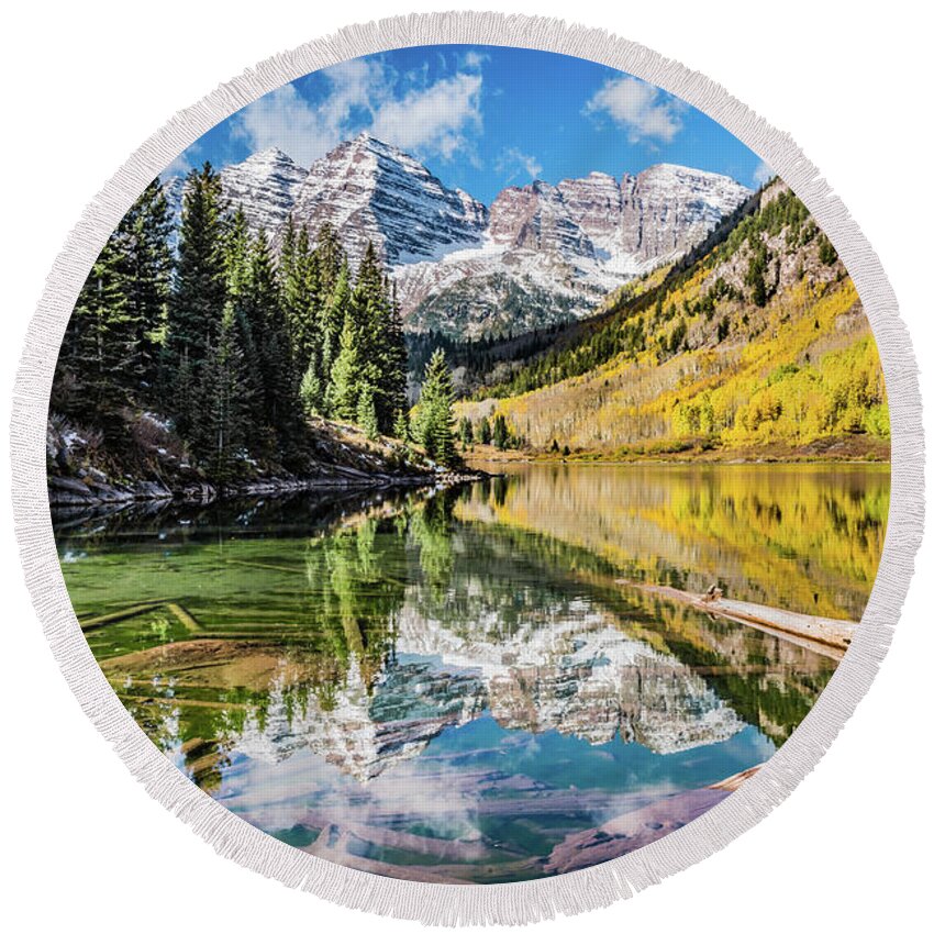 Marron Bells Reflected Round Beach Towel featuring the photograph Maroon Bells Reflected by Melissa Lipton