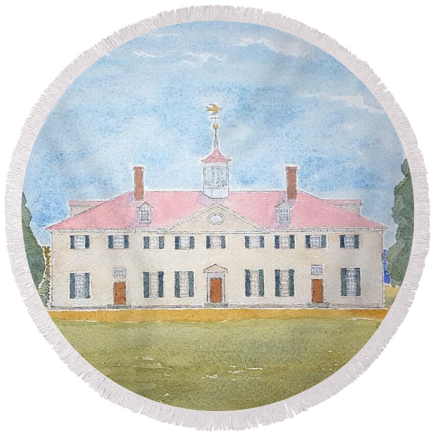 Watercolor Round Beach Towel featuring the painting Martha's House of Lore by John Klobucher