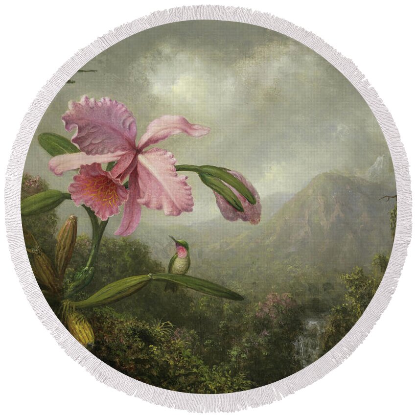 Canvas Round Beach Towel featuring the painting Martin Johnson Heade -Lumberville, 1819-St. Augustine, 1904-. Orchid and Hummingbird near a Water... by Martin Johnson Heade -1819-1904-