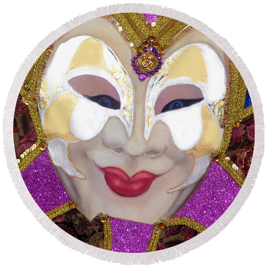 Mixed Media Painting Round Beach Towel featuring the mixed media Martina - Carnival of Venice by Anni Adkins