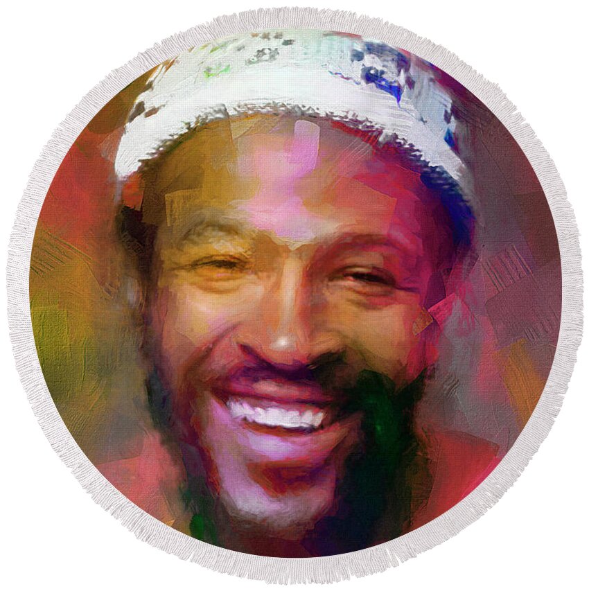 Marvin Gaye Round Beach Towel featuring the mixed media Marvin Gaye, Prince of Soul by Mal Bray