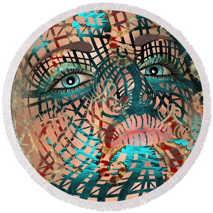 Dreaming Of The Sea Round Beach Towel featuring the mixed media Mask Dreaming of the Sea by Joan Stratton
