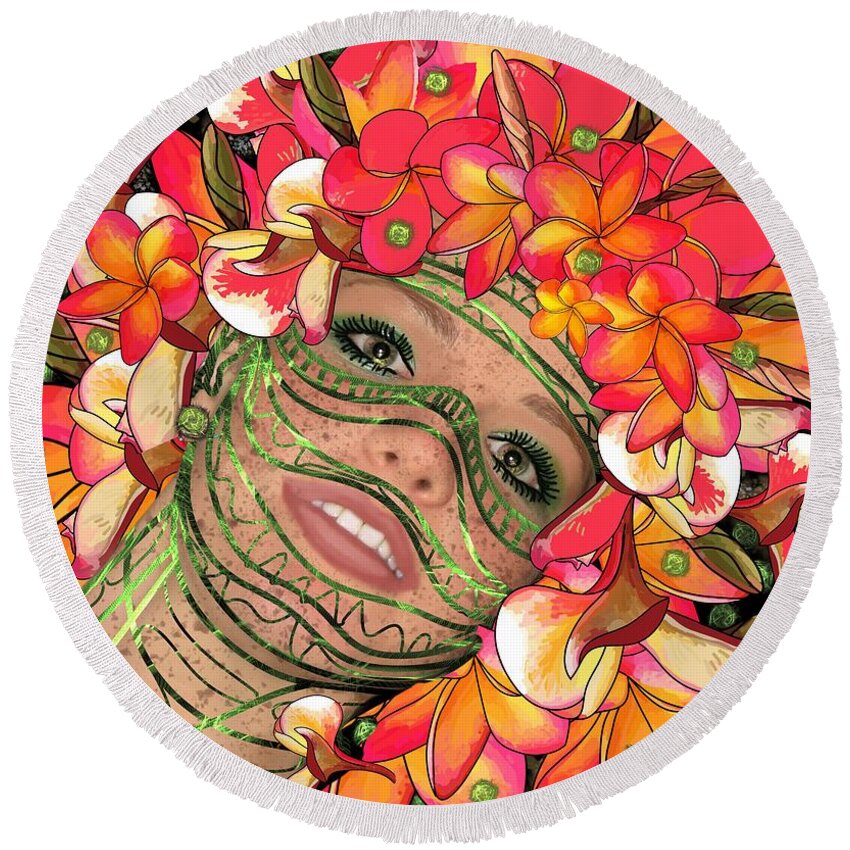 Mask Round Beach Towel featuring the mixed media Mask Freckles and Flowers by Joan Stratton