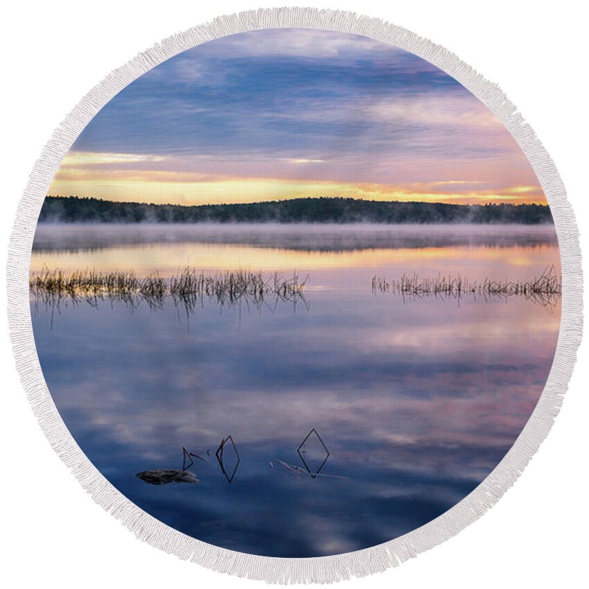 Massabesic Lake N H Round Beach Towel featuring the photograph Massabesic Lake, Morning Mist by Michael Hubley