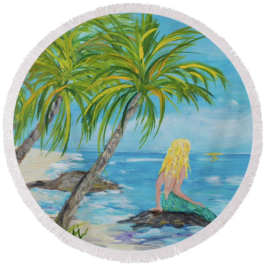 Mermaid Round Beach Towel featuring the painting Mermaid Beach by Julie Derice