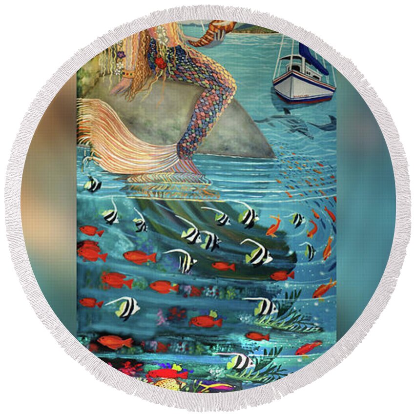  Round Beach Towel featuring the painting Mermaid in Paradise Towel Version #1 by Bonnie Siracusa