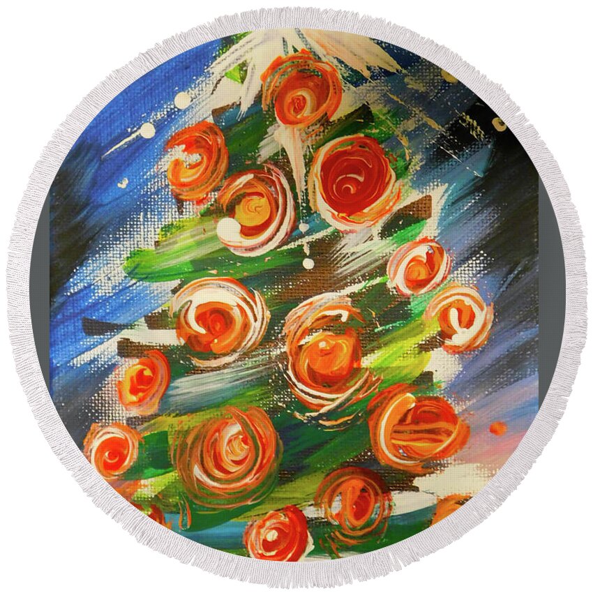 Christmas Round Beach Towel featuring the painting Merry and Bright by Karen Mesaros