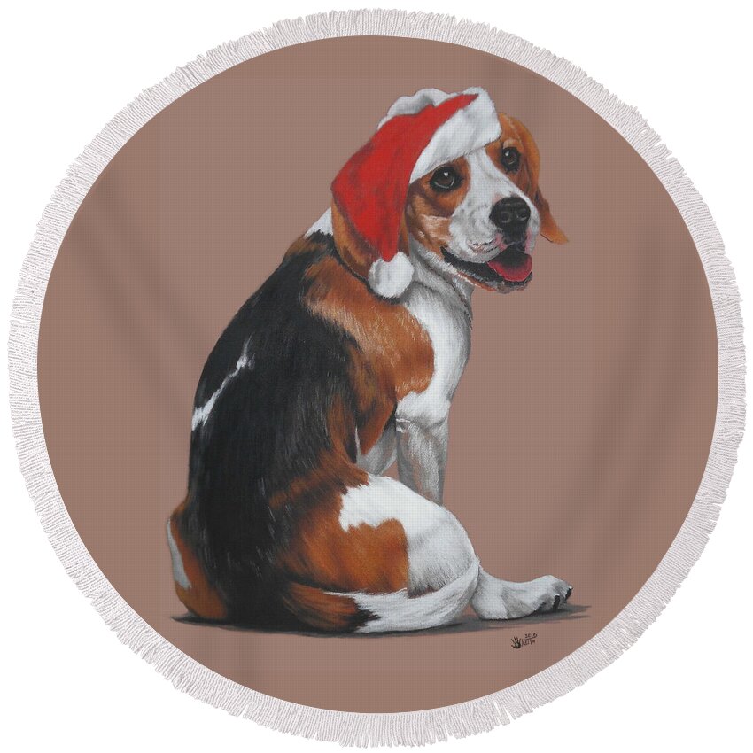 Hound Group Round Beach Towel featuring the pastel Merry Christmas by Barbara Keith