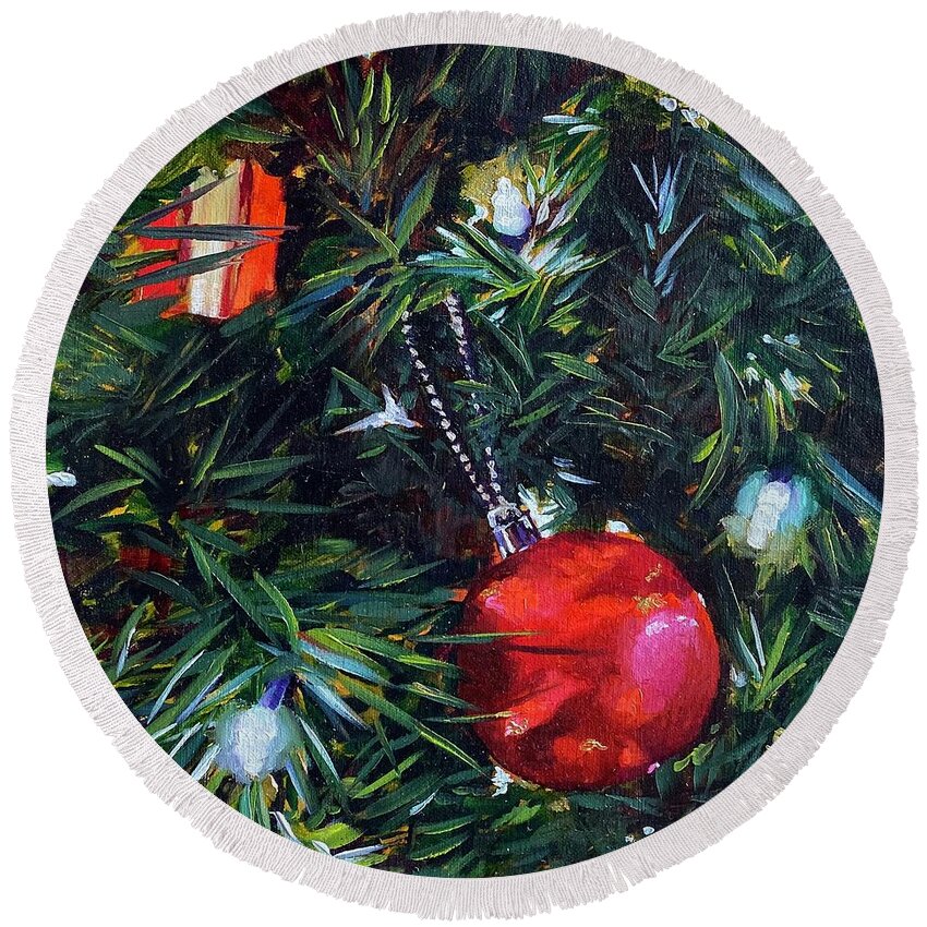 Holiday Round Beach Towel featuring the painting Merry Christmas by Nancy Breiman