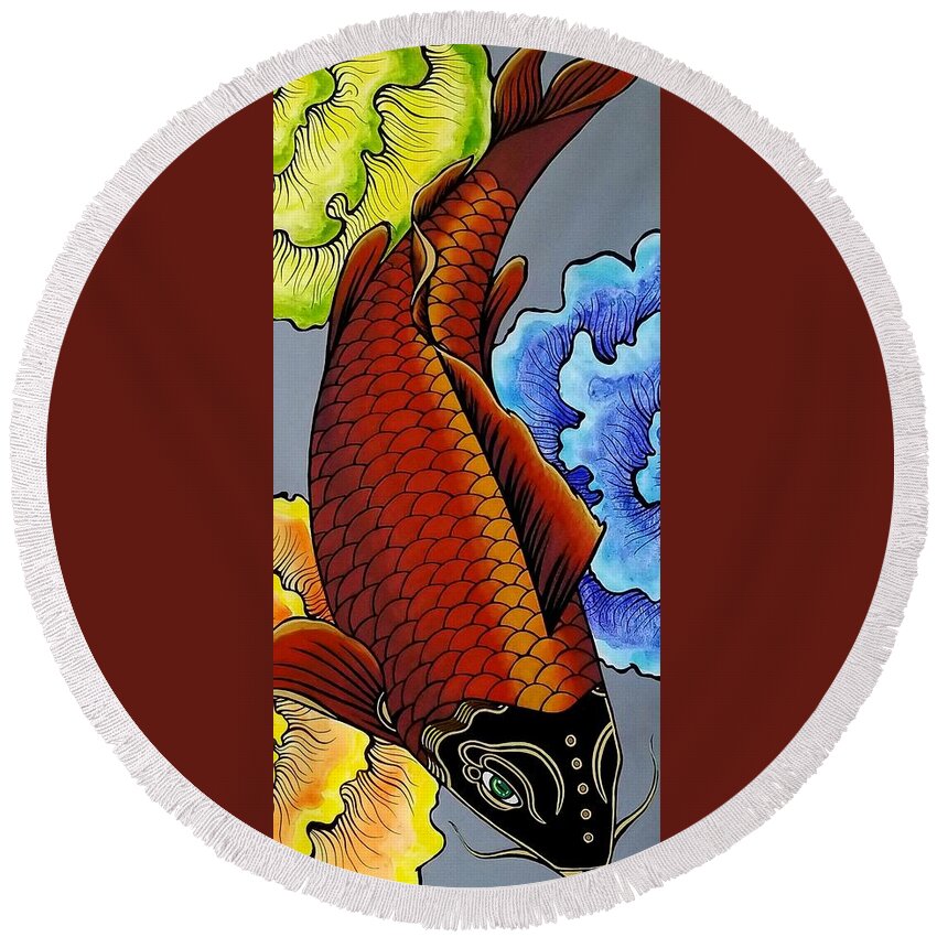  Round Beach Towel featuring the painting Metallic Koi Fish by Bryon Stewart