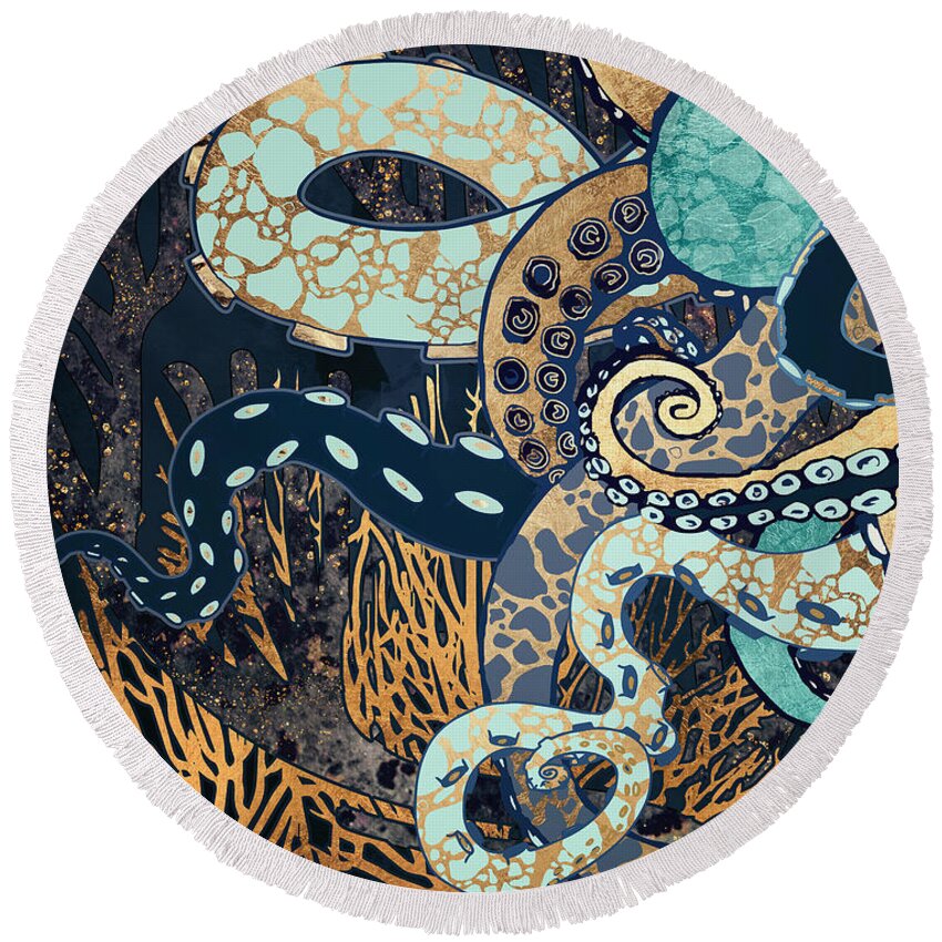 Digital Round Beach Towel featuring the digital art Metallic Octopus II by Spacefrog Designs