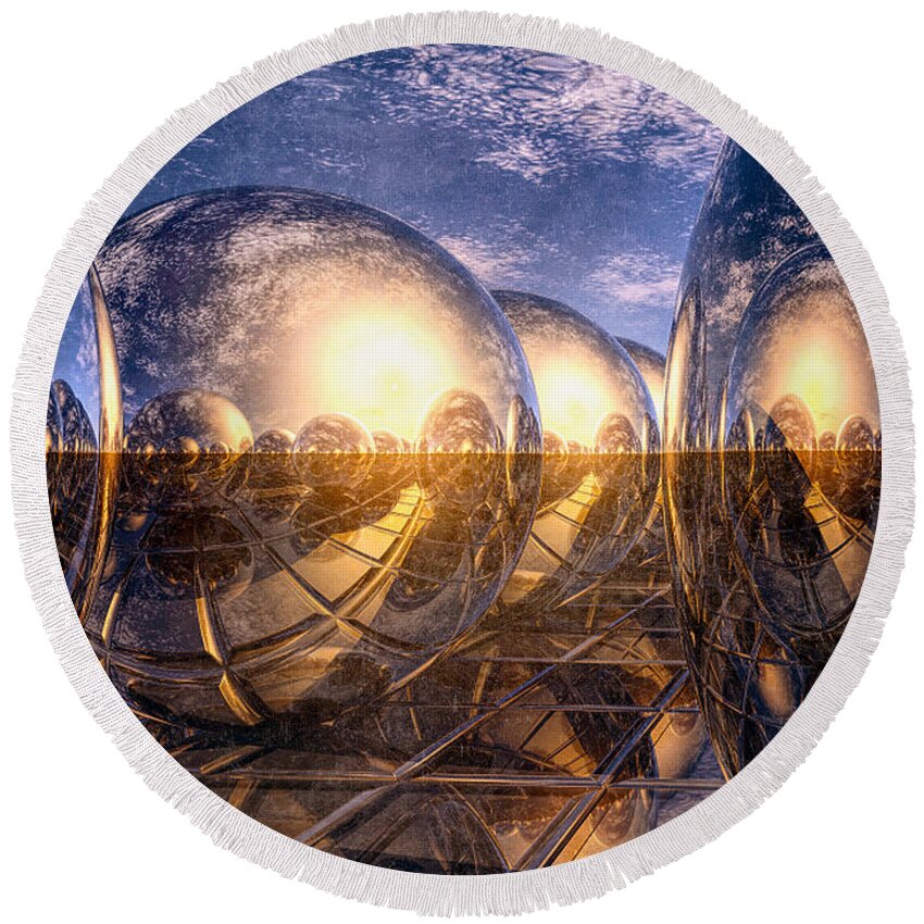 Reflection Round Beach Towel featuring the digital art Metallic Reflections of 3D by Phil Perkins