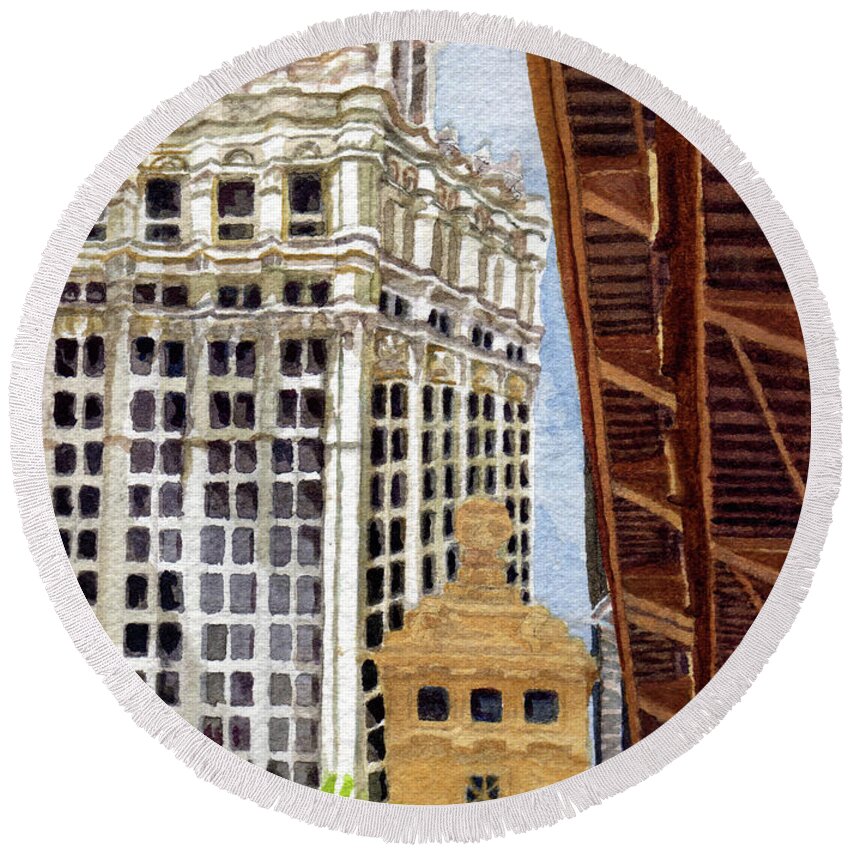 Cityscape Round Beach Towel featuring the painting Michigan Ave Bridge .66 by Alice Ann Barnes